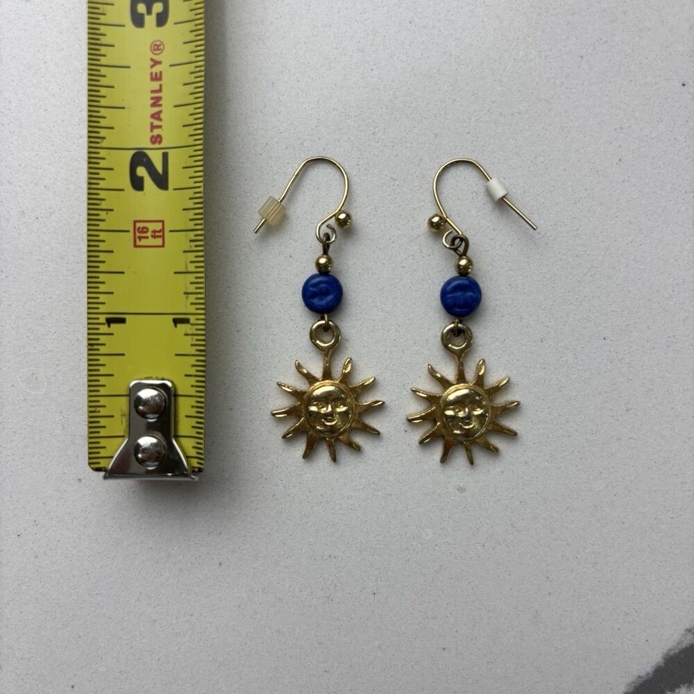 Celestial Sun Face Dangle Earrings Gold Tone Blue Sunburst Cosmic Boho Jewelry - Picture 6 of 7